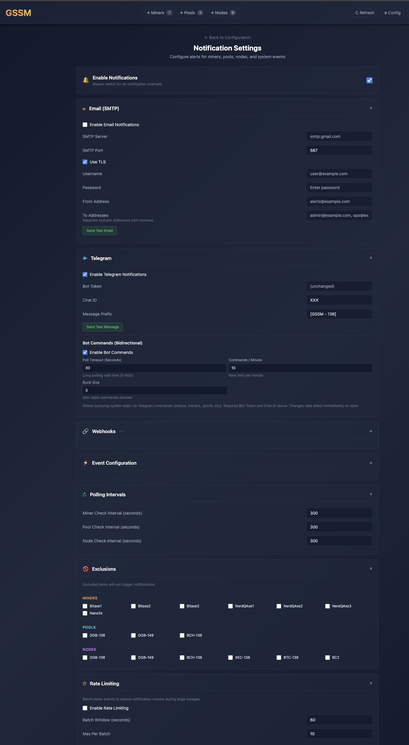 Notifications - Email, Telegram, Discord, Webhooks configuration