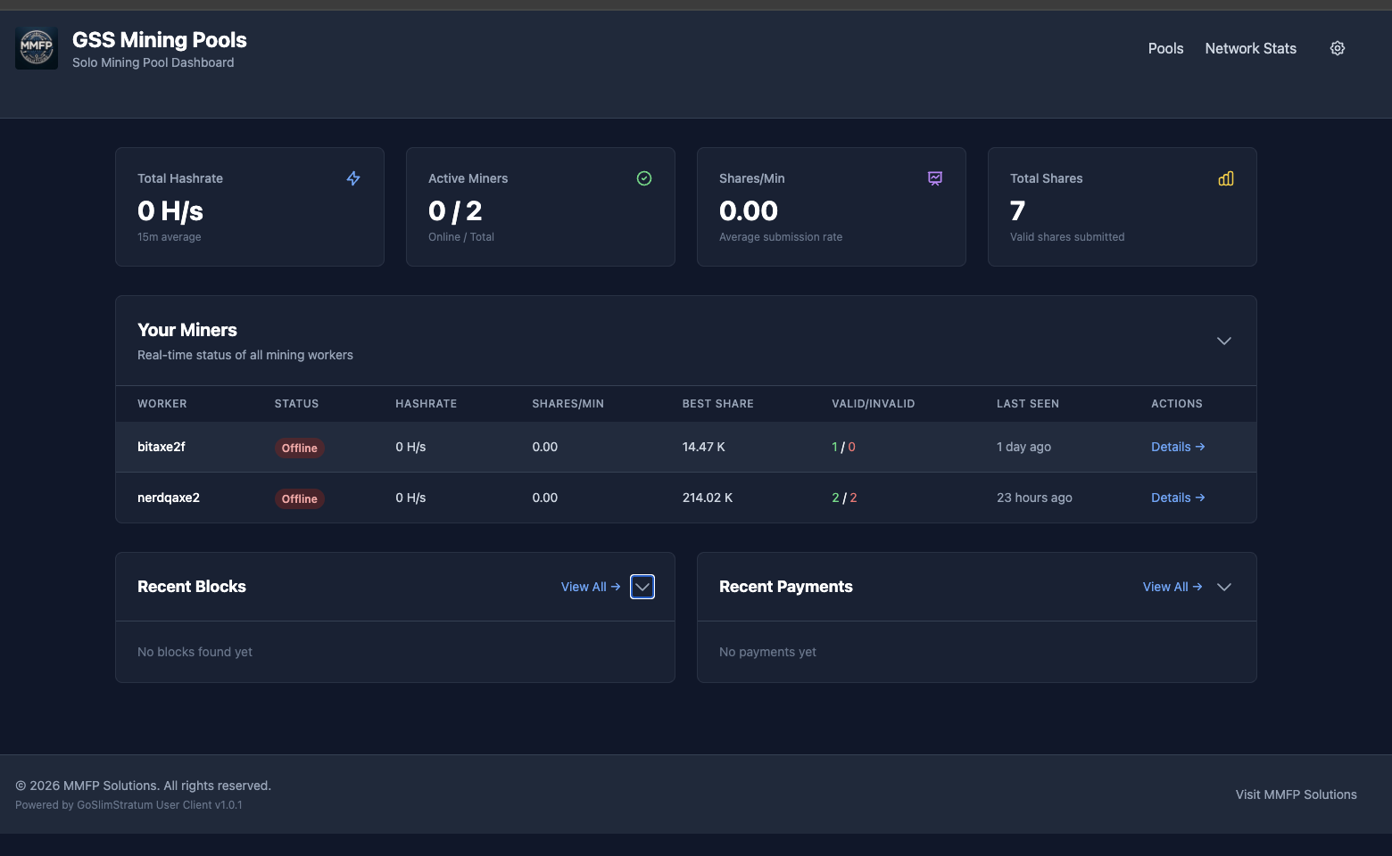 Miner Dashboard - Real-time hashrate and mining statistics