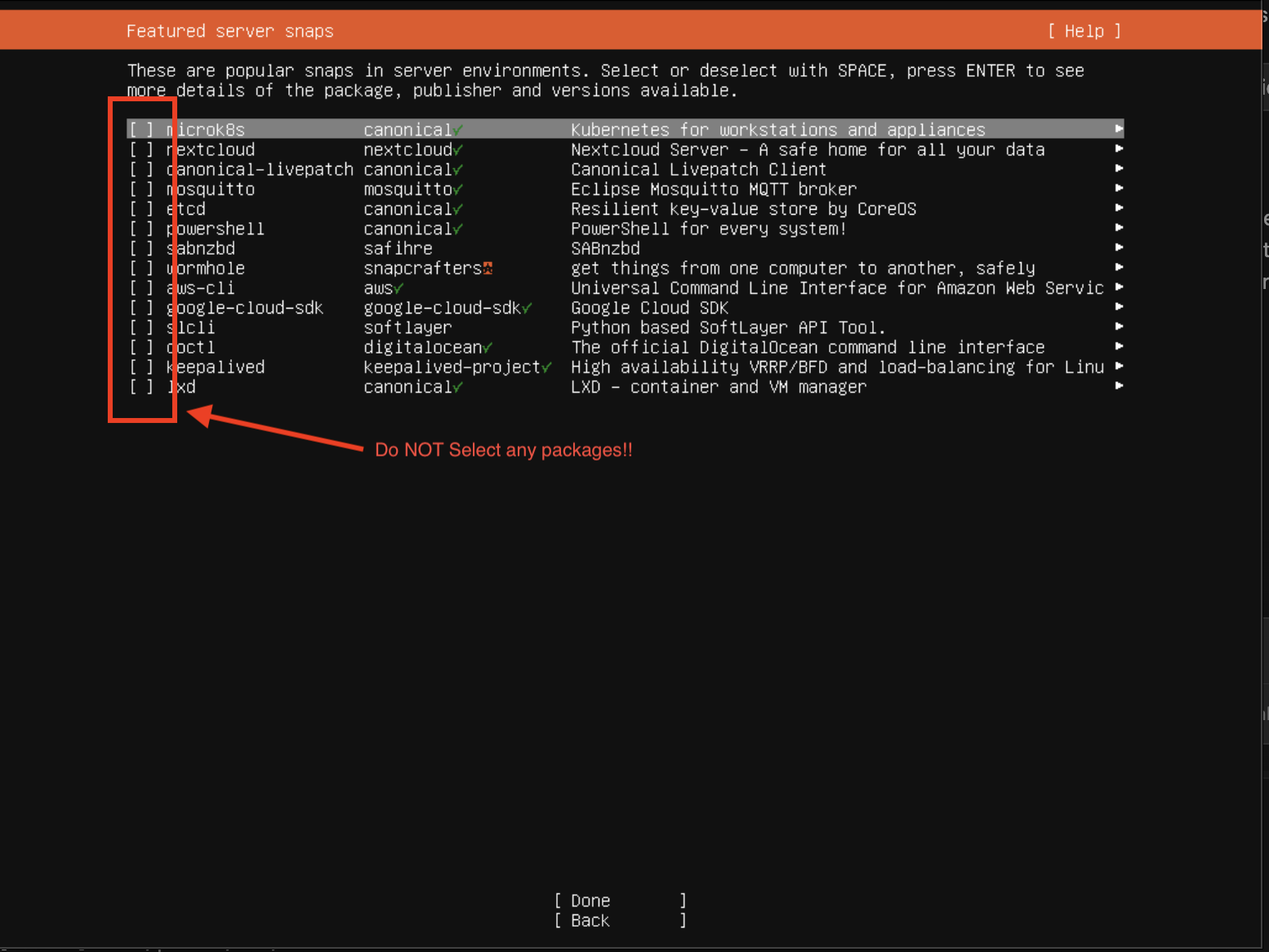 Server snaps selection